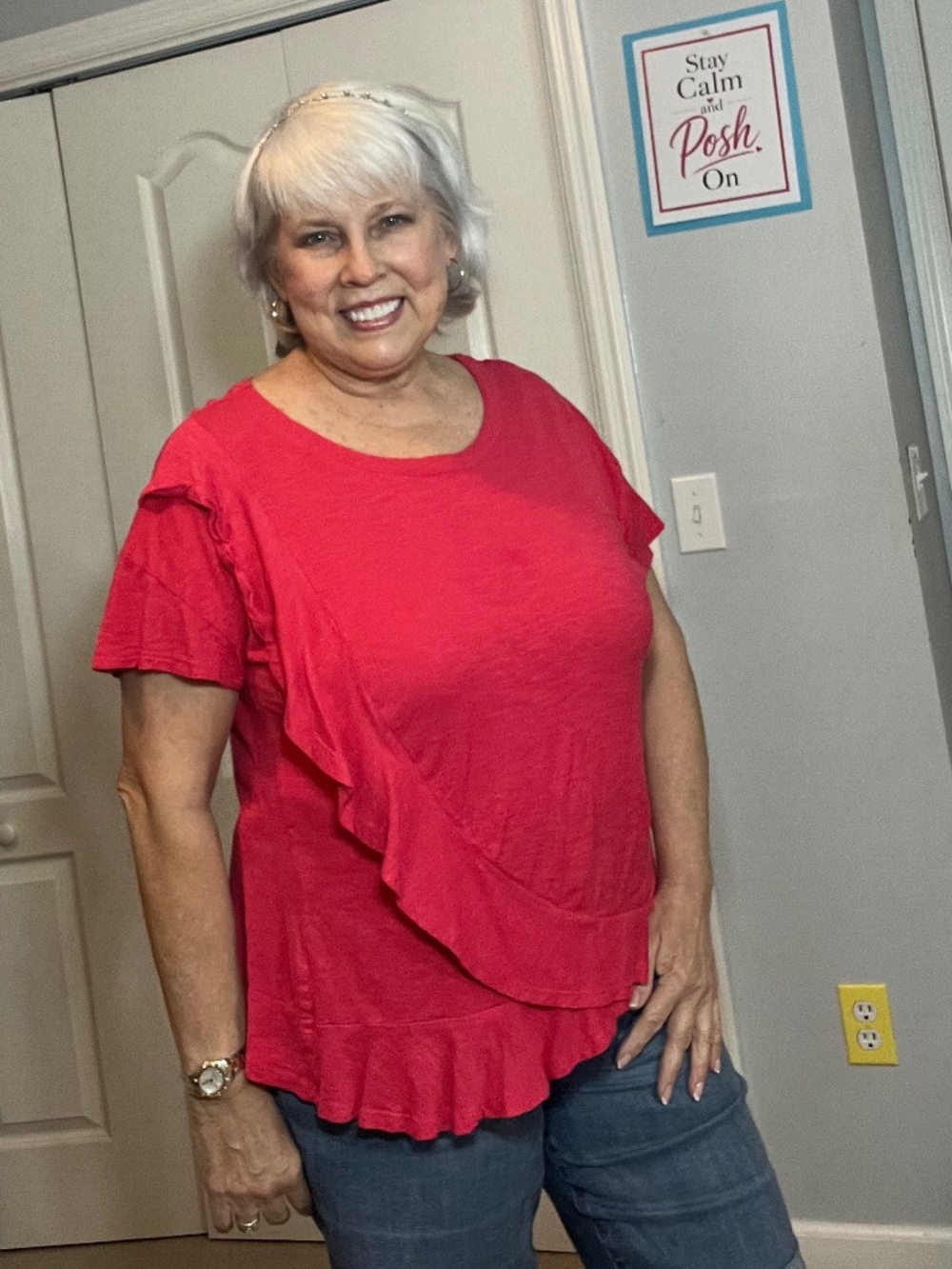 Workshop Republic Clothing Ruffle Hem Top – Size Large - Bright red/pink shade